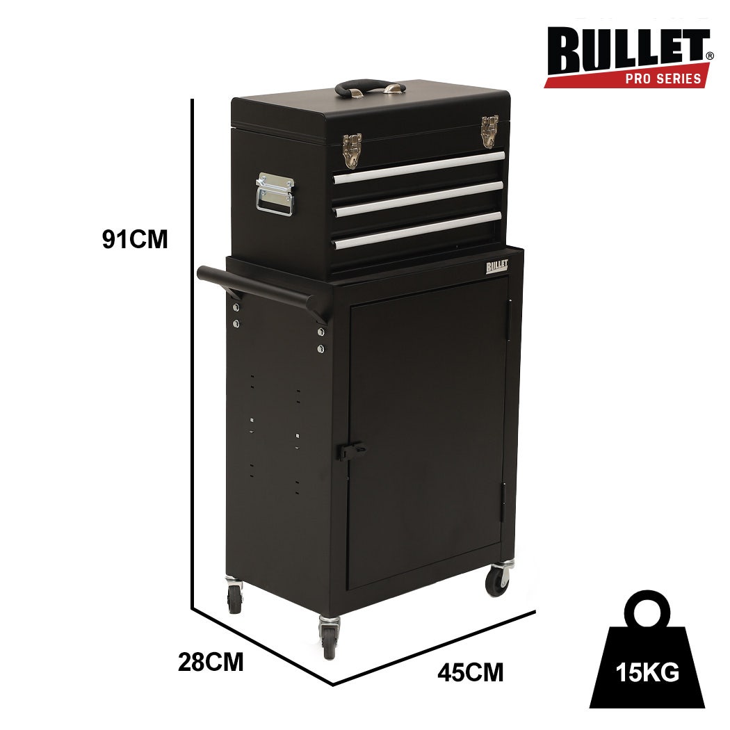 Bullet Pro 3 Drawer Tool Box Cabinet Trolley Storage, with 1-Door Toolbox Garage Organiser Set, Black - Image 8