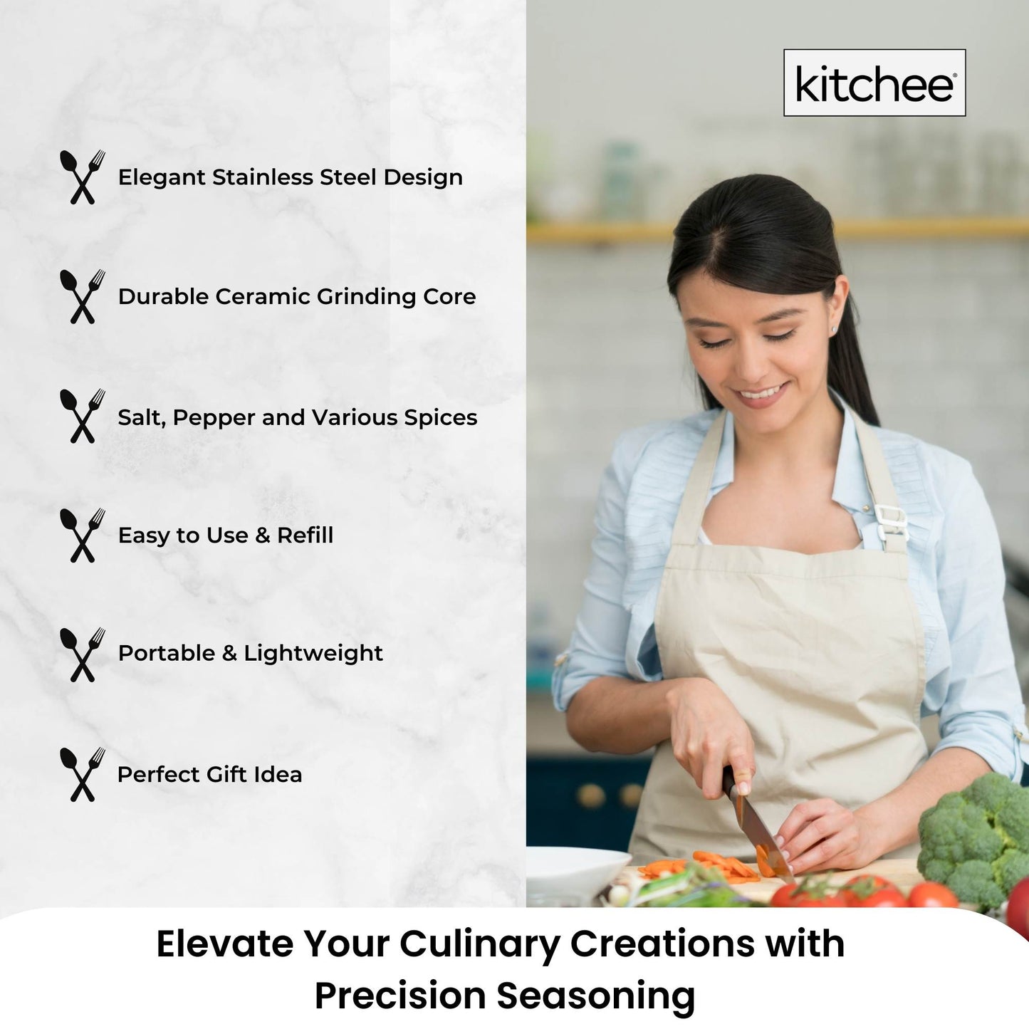 Kitchee Stainless Steel Salt Pepper Spice Grinder Mill - Adjustable Coarseness - Image 6