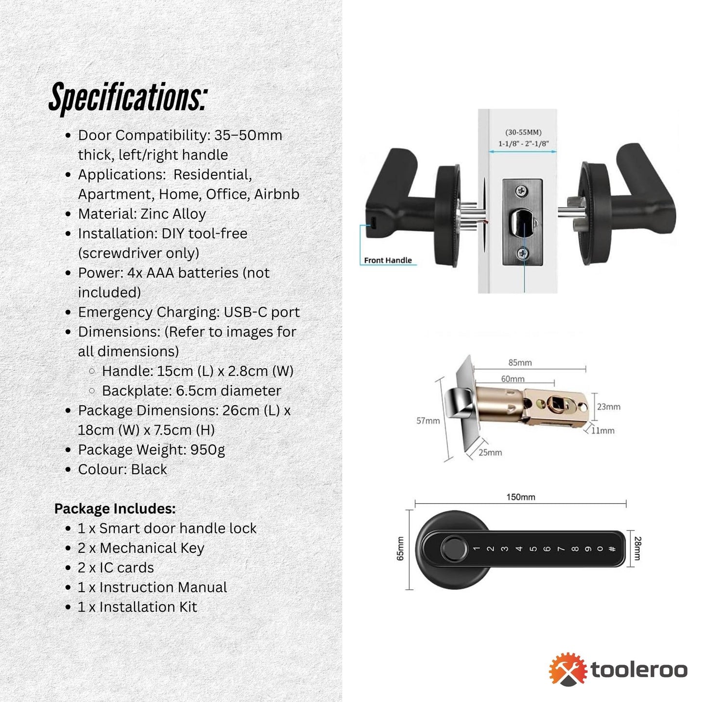 Tooleroo Digital Smart Door Lock Handle - 5in1 Keypad Home Entry Security System - Image 9