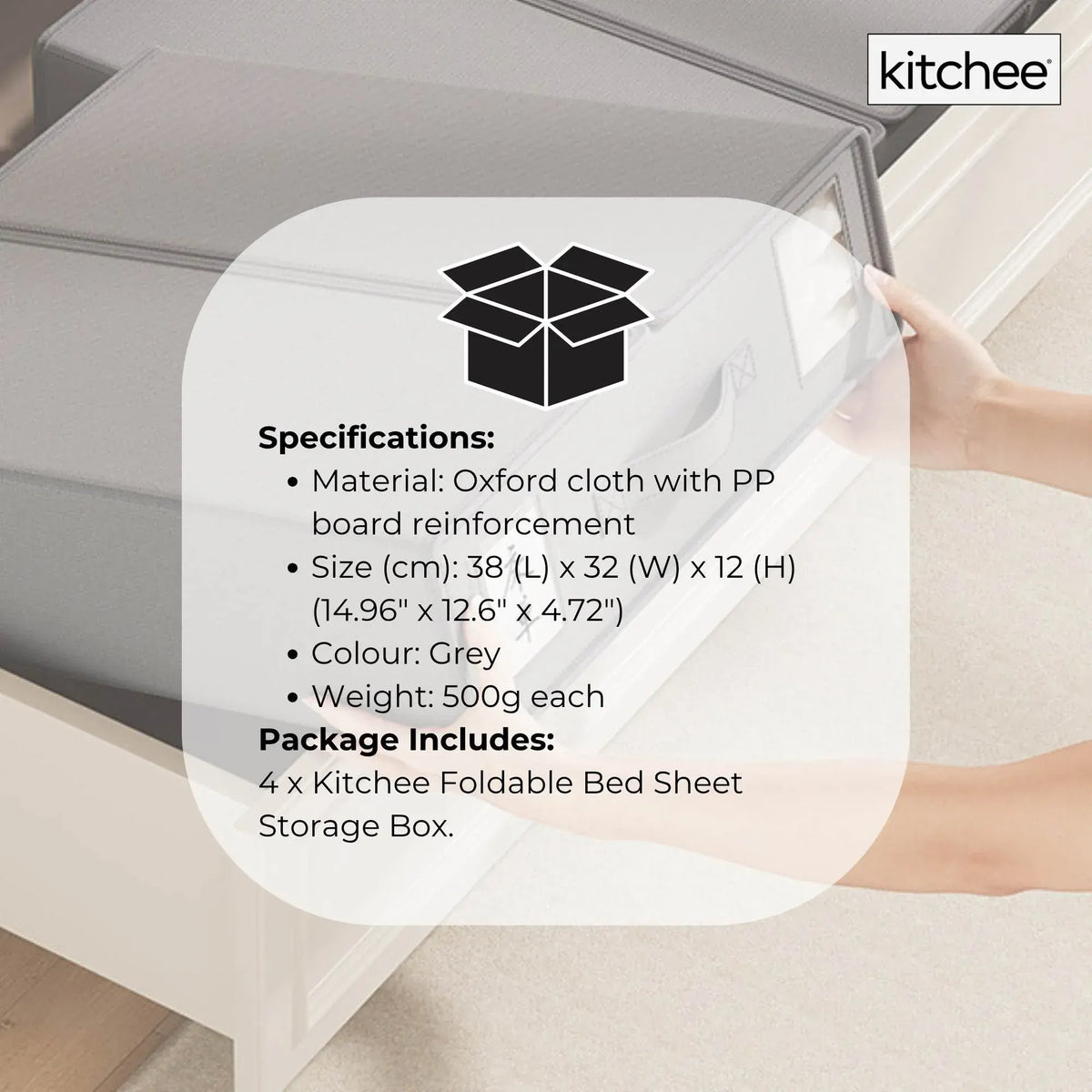 Kitchee 4x Foldable Bed Sheet Storage Box - Linen + Closet Organiser Grey - Image 8