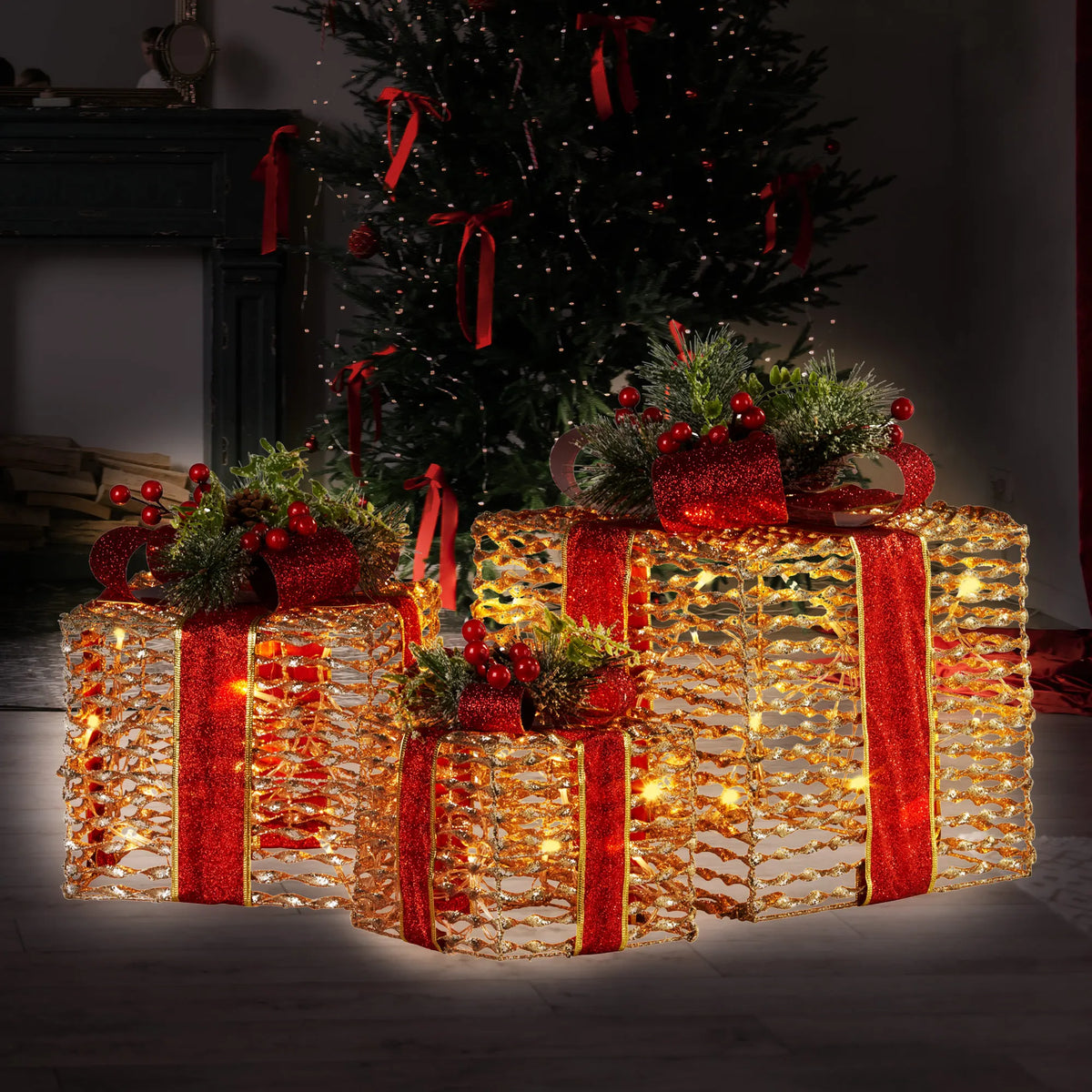 Christabelle Set Of 3 Christmas Gift Boxes With Lights - Champagne With Red Bows - Image 7