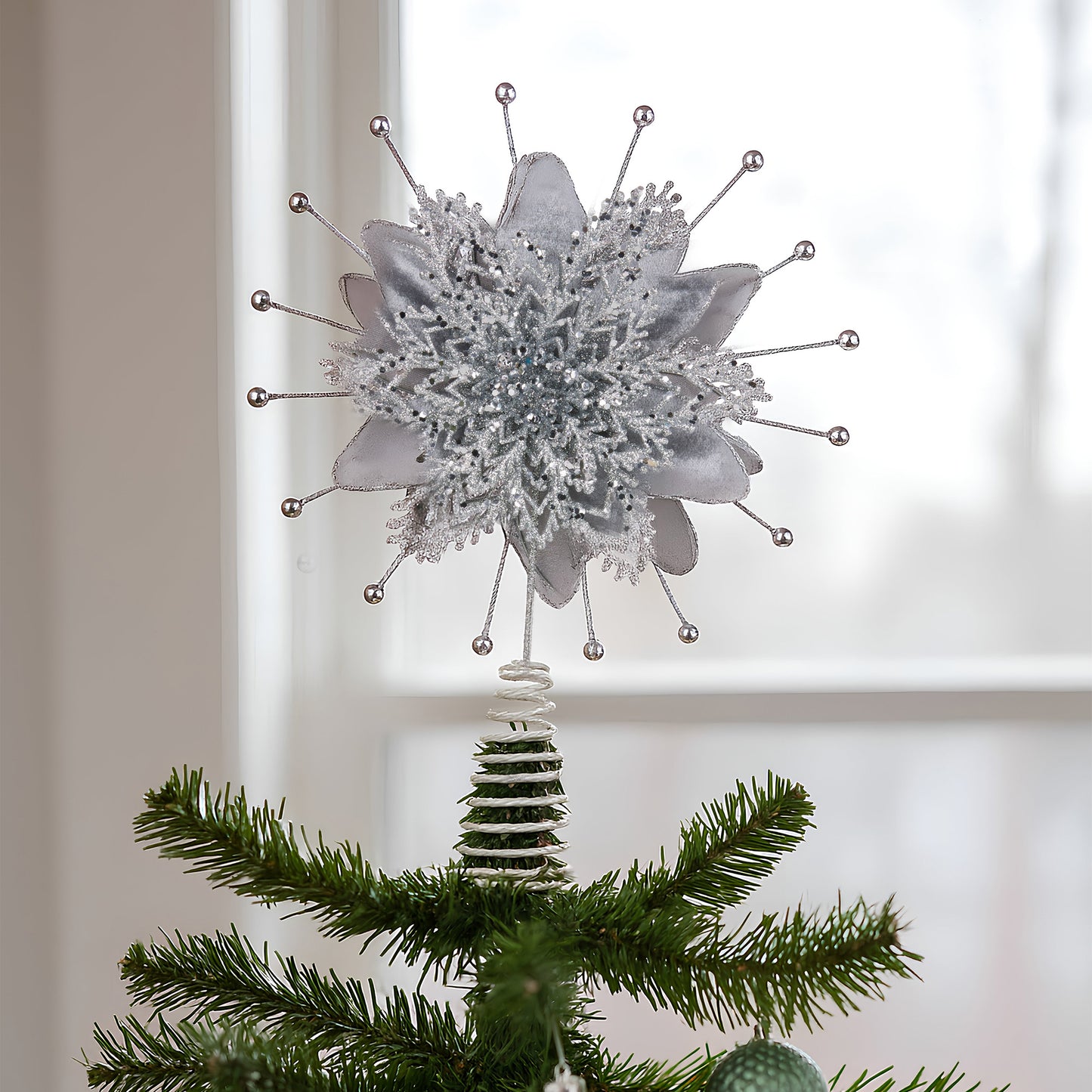 Christabelle Christmas Tree Topper Poinsettia Decoration Ornament Silver Petals - Image 4