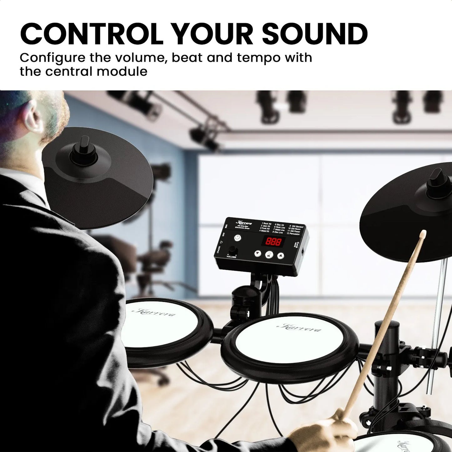 Karrera TDX-16 Electronic Drum Kit with LCD, Toms, Snares Quiet Mesh Pads & Pedals, Adjustable Stool, Headphones - Image 9