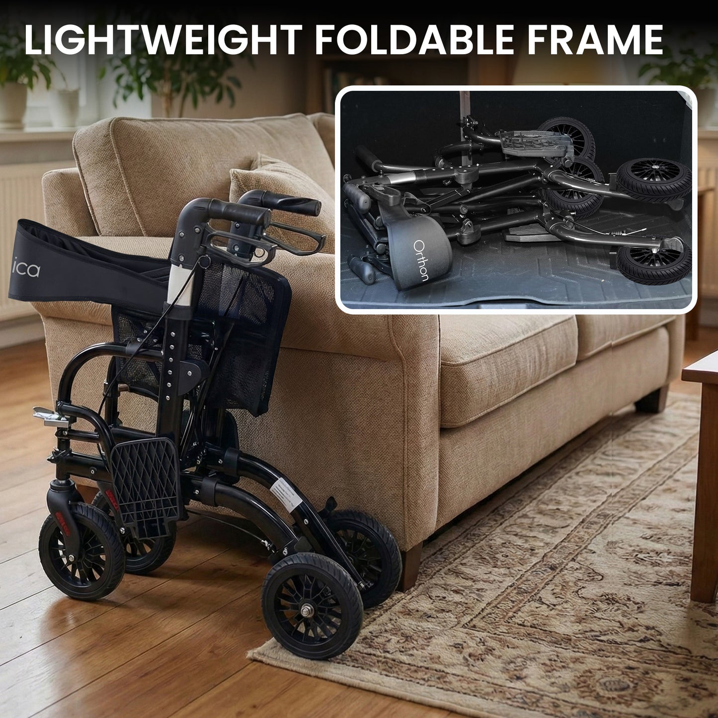 Orthonica Aluminium 2-in-1 Rollator Wheelchair with Foldable Frame – Black & Silver - Image 9