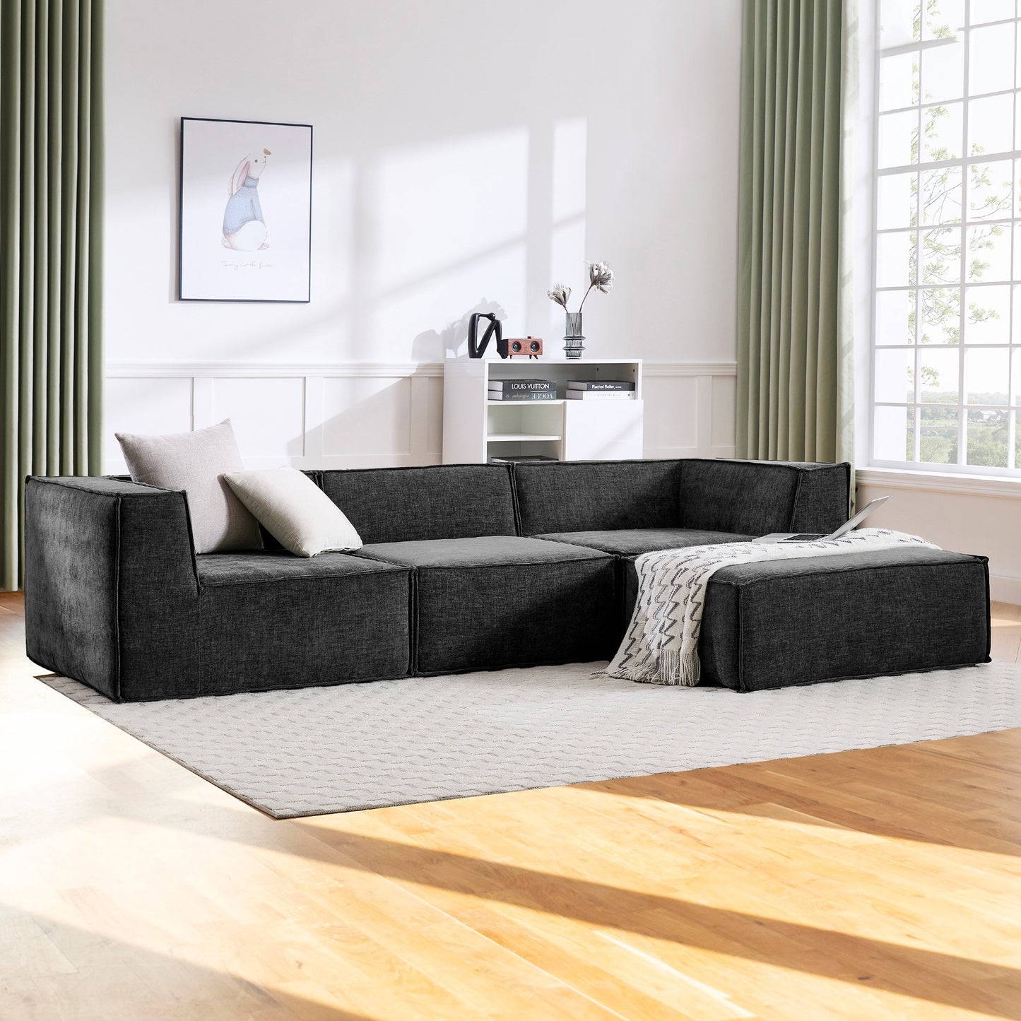 Sarantino Novi 3-Seater Modular Sofa with Ottoman in Black Non-Slip Bottom Lounge - Image 9