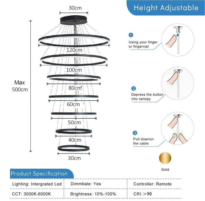 BAMDECOR A18815 Nordic Home Decor Dining Room Pendant lamp lights Ceiling Lamp Hanging Light Chandelier Lamps (7 Rings-Black) - Image 8