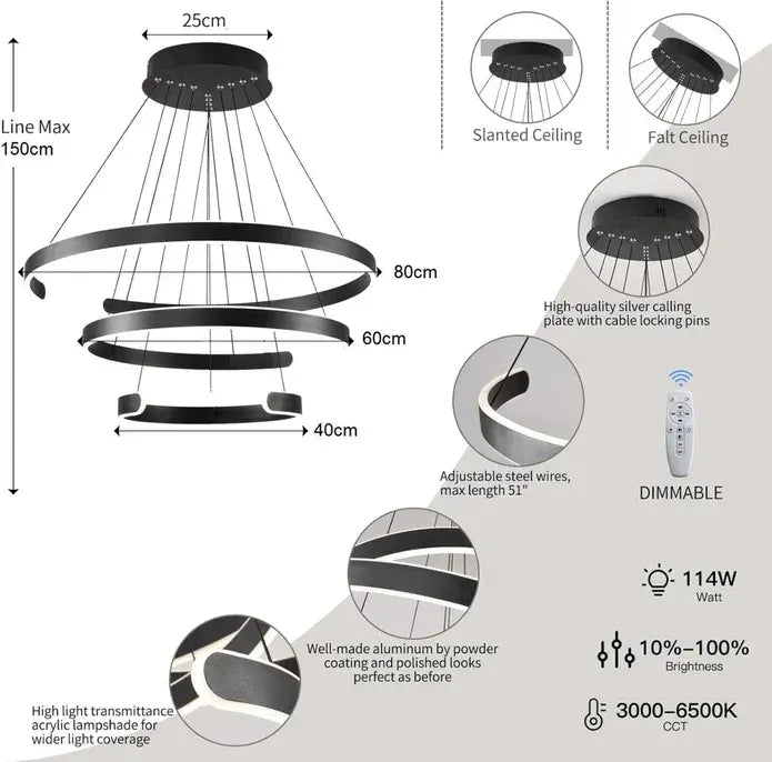 BAMDECOR AD2573 3 Round Rings C Shape Ceiling Light Chandeliers (Matte Black) - Image 6