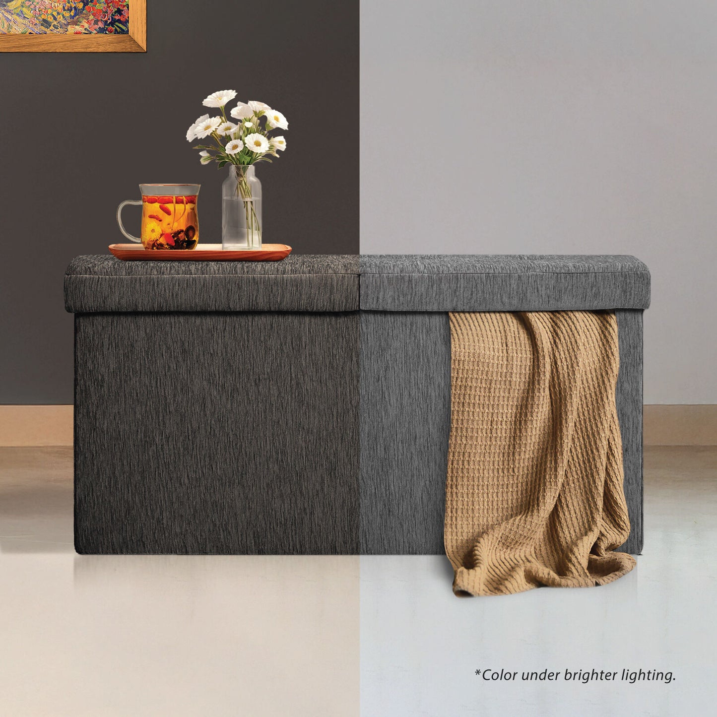 Foldable Storage Ottoman - Flip Lid Side Table Toy Blanket Organiser Seat KIRA BLACK - Image 9