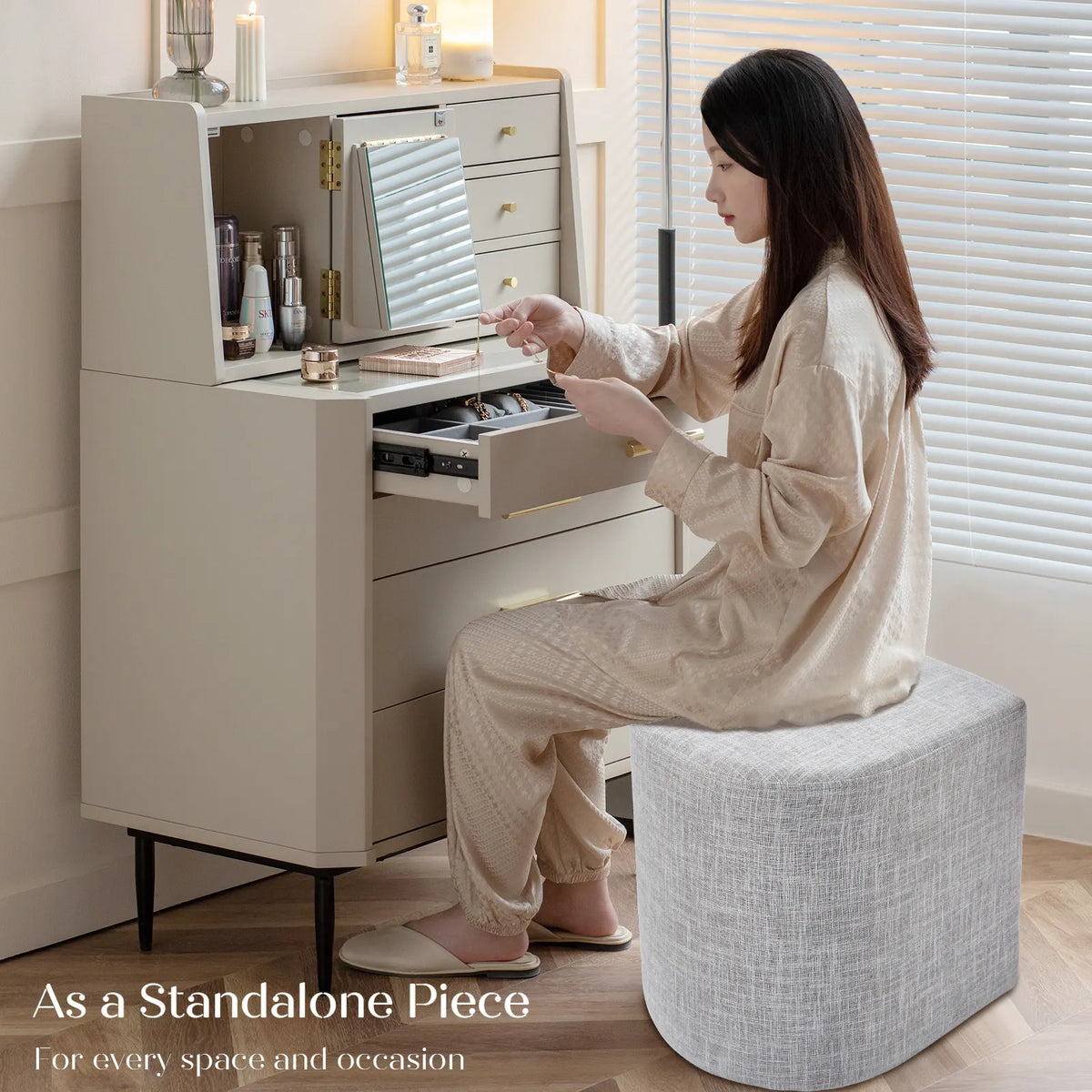 3 Piece Set Coffee Table & Ottoman Wood Side End Table Industrial - CREAM GREY - Image 9