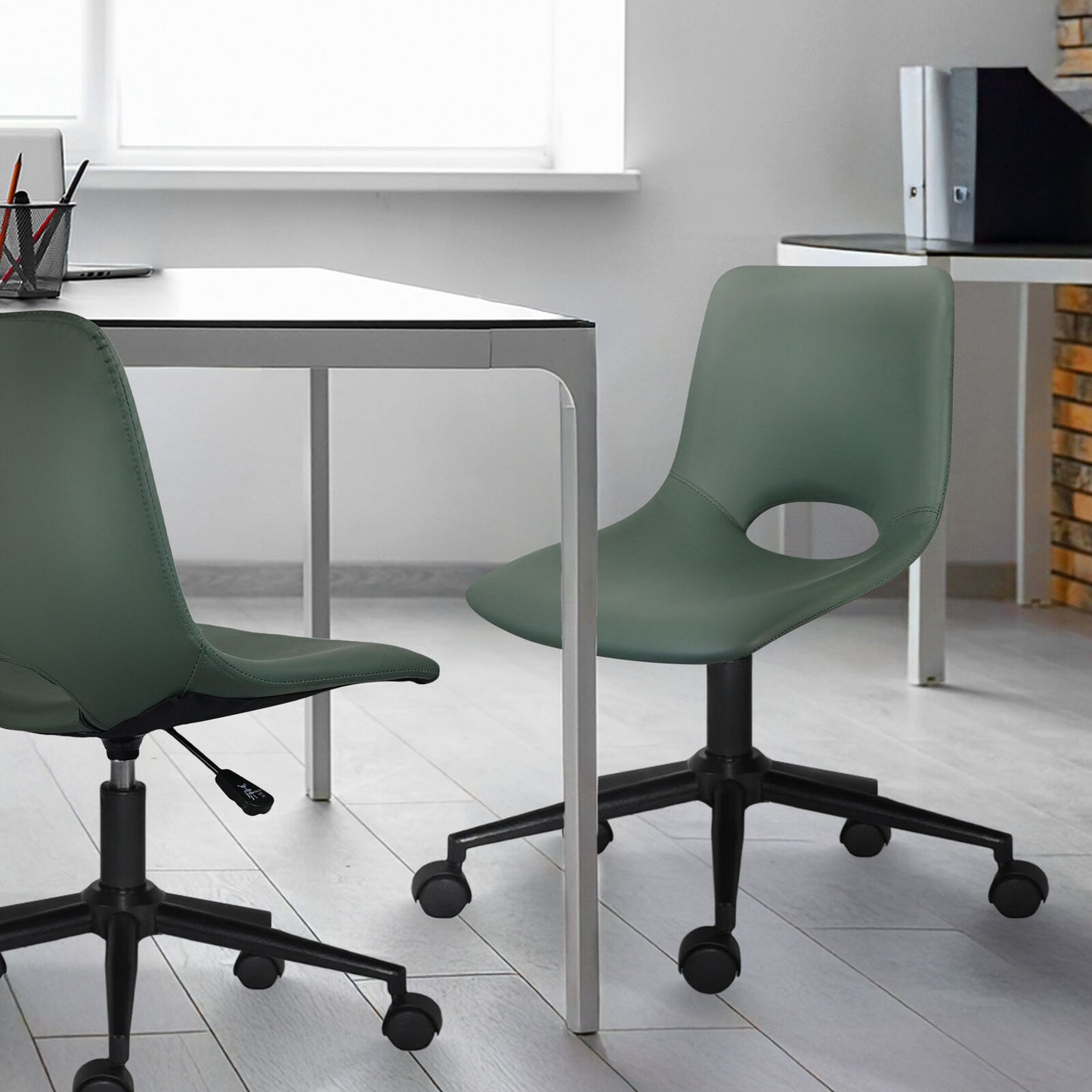 2 Set Office Desk Chair - PU Leather Home Swivel Chair Cut-Out Seat HALO GREEN - Image 9