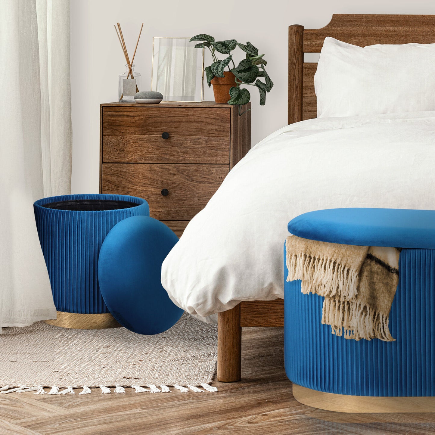 3 Piece Set Storage Ottoman - Blanket Box Velvet Padded Bench Stool FAYE BLUE - Image 6