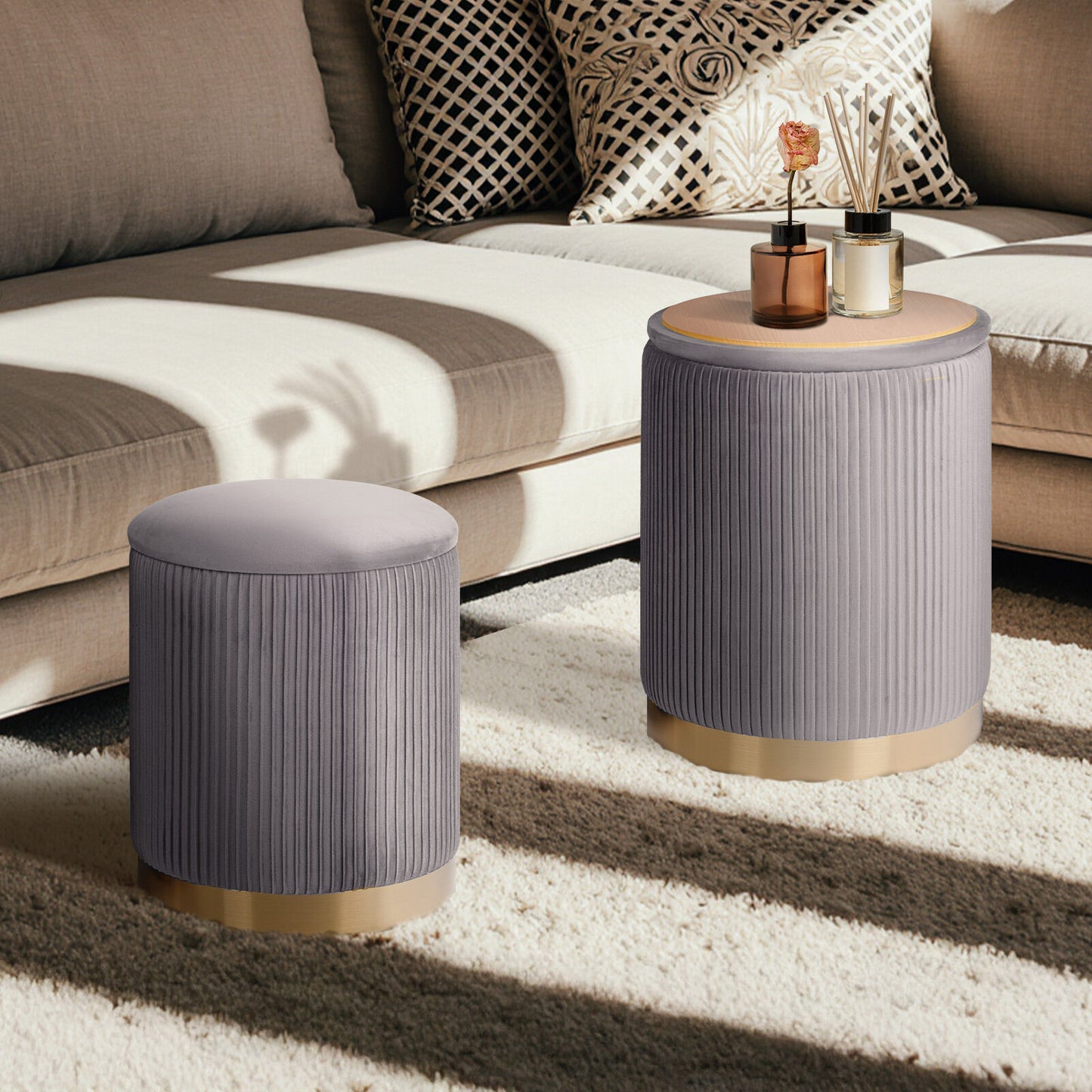 2X Side Table Storage Ottoman - Velvet Stool MIRA Grey - Image 7
