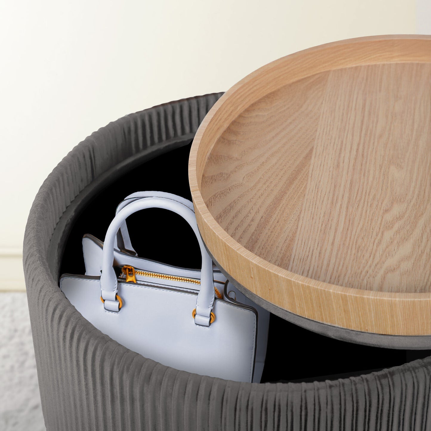 Side Table Storage Ottoman - Velvet Padded Stool Vanity Footstool CLEO GREY - Image 9