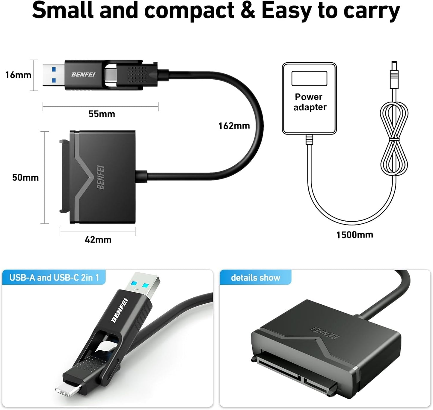 BENFEI 221BK USB 3.0 to SATA III Hard Drive Adapter for 2.5/3.5-inch HDD/SSD with 12V/2A Power Adapter, Support UASP - Image 7