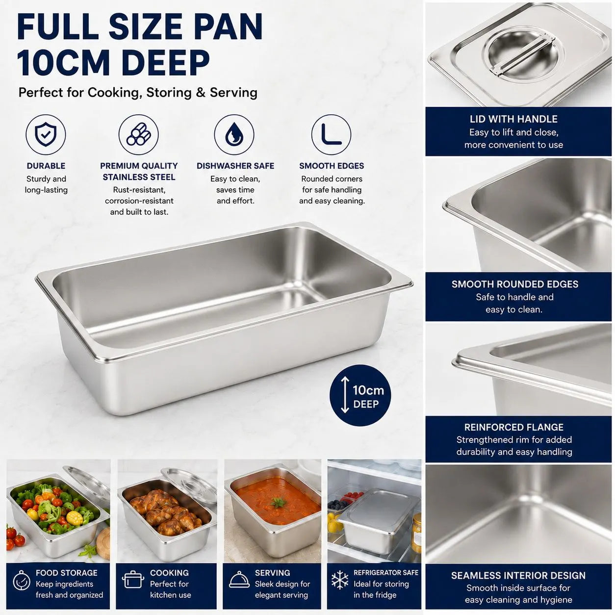 Commercial Stainless Steel GN 1/1 100mm Deep Gastronorm Bain Marie Buffet Steam Table Food Pan with Lid - Image 9