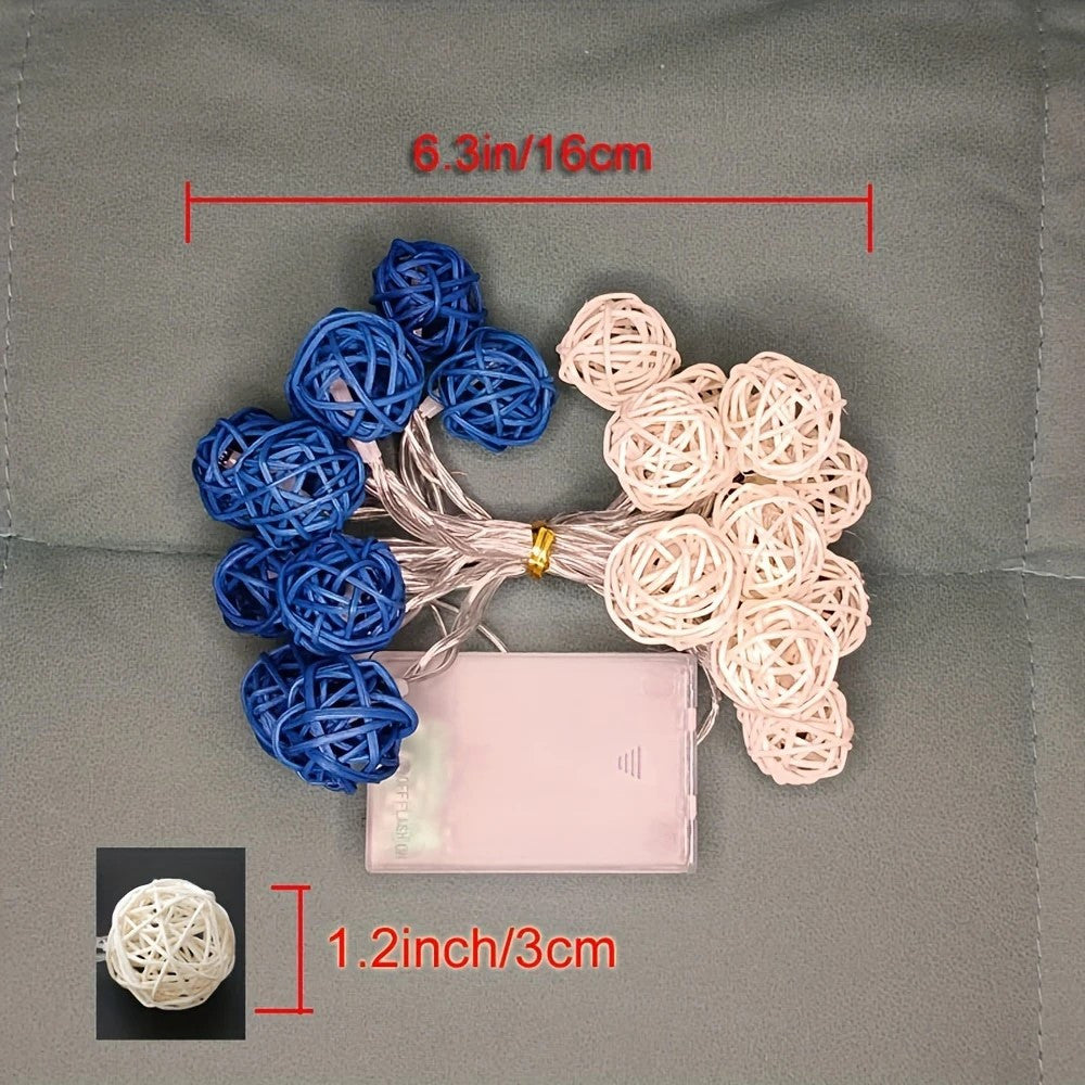 1 Set of Blue n White 5cm Rattan Cane 50 Ball Battery Powered LONG 5m String Lights Christmas Gift Home Wedding Party Bedroom Decoration Table Centrepiece - Image 7