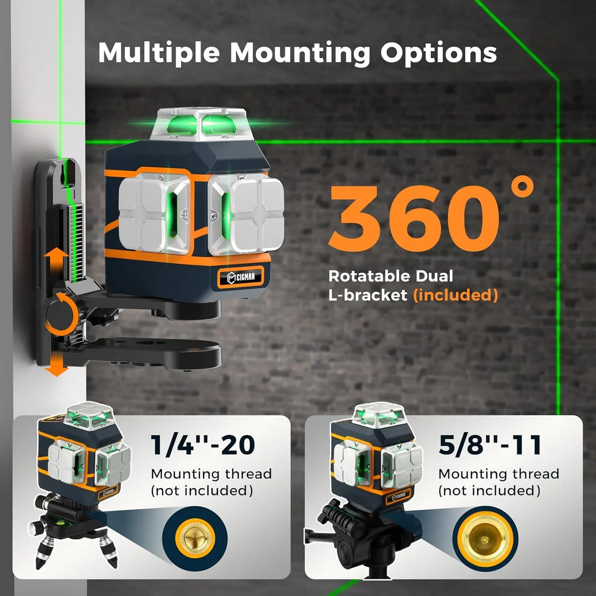 CIGMAN Laser Level CM-801 Laser Level Self Leveling 3x360°3D Green Cross Line for Decoration and Picture Hanging with Two Rechargeable Batteries, Remote Controller and Magnetic L-Shaped Bracket - Image 8