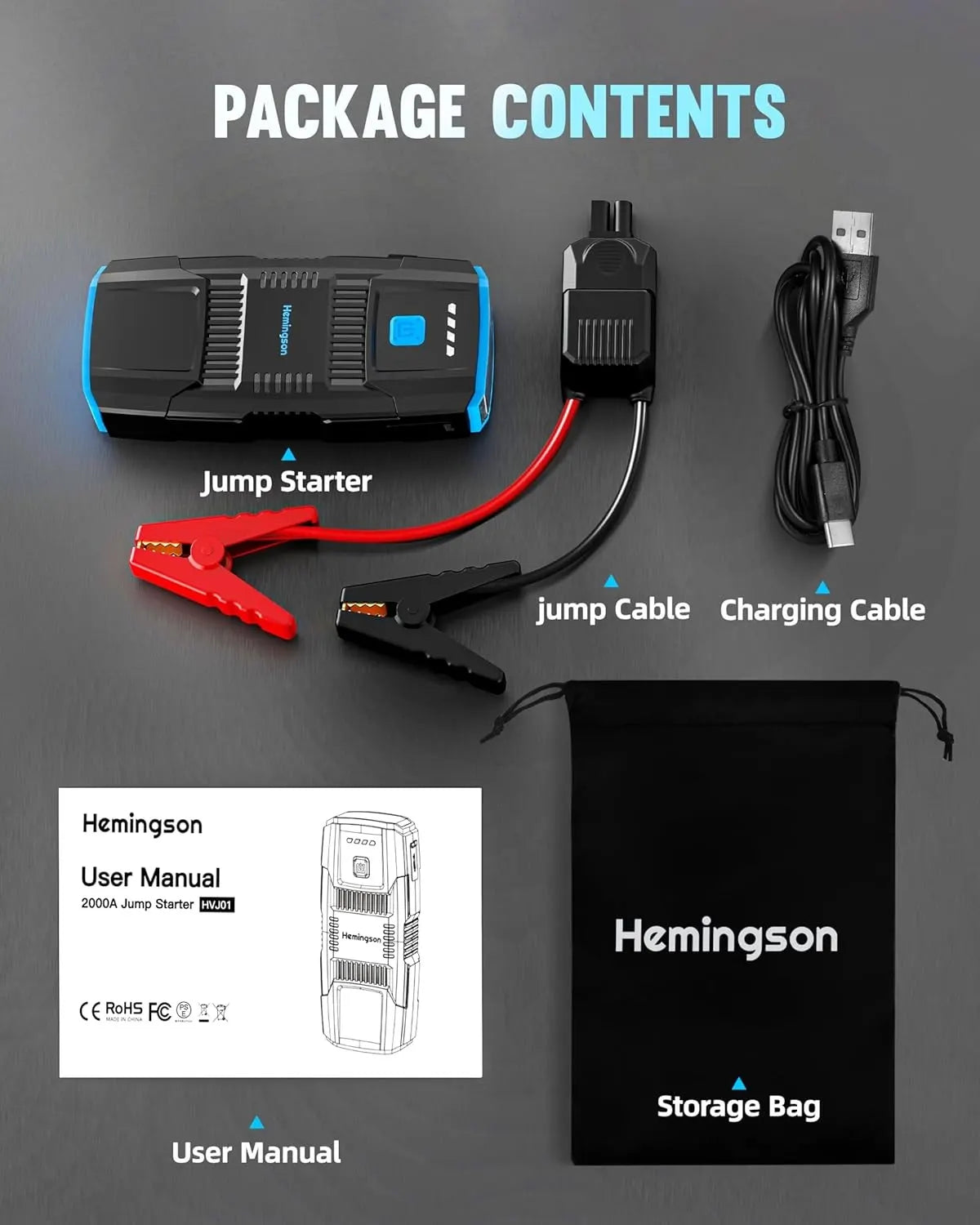 HEMINGSON 2000A Peak Battery Jump Starter Portable with 4 Modes LED Lights - Image 7