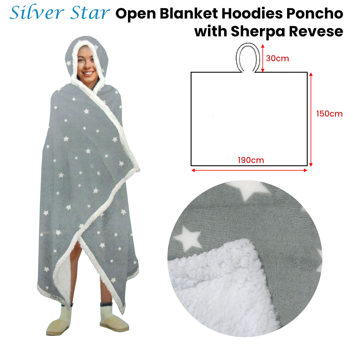 Adult Men Women Open Blanket Hoodie Poncho with Sherpa Fleece Reverse Silver Star - Image 2