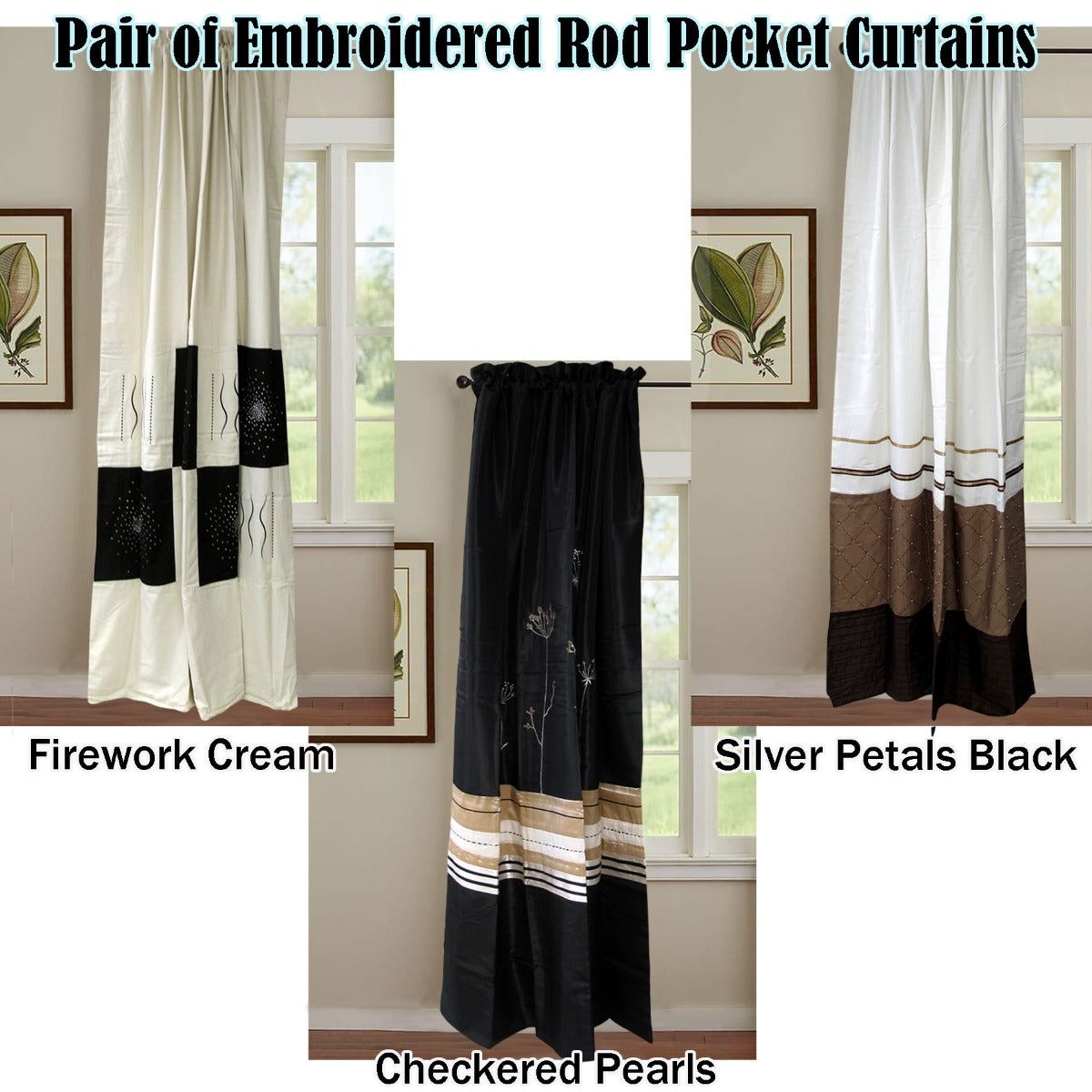 Pair of Embroidered Rod Pocket Curtains 150 x 213cm each Silver Petals - Image 3