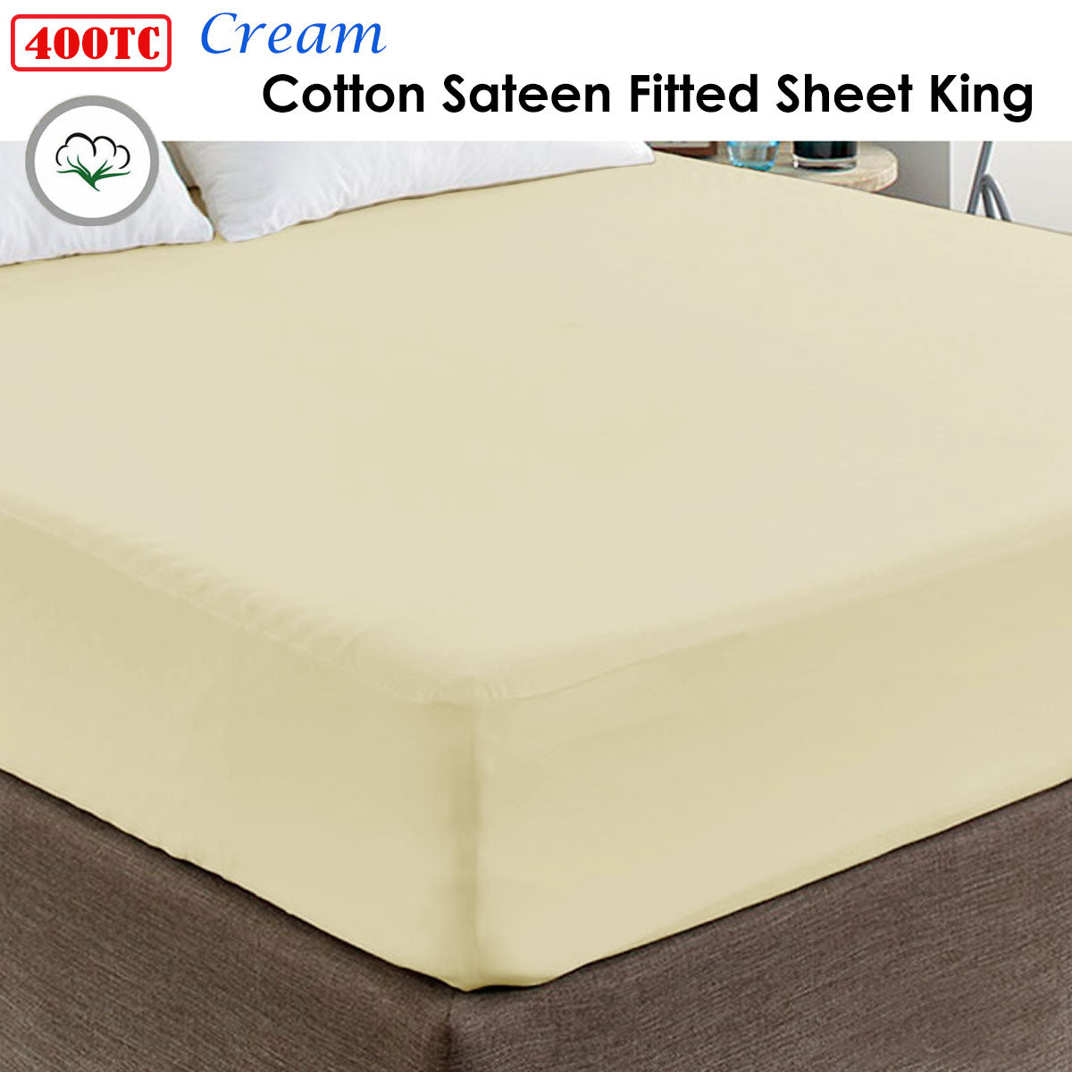 400TC Cream 100% Cotton Sateen Fitted Sheet King - Image 2