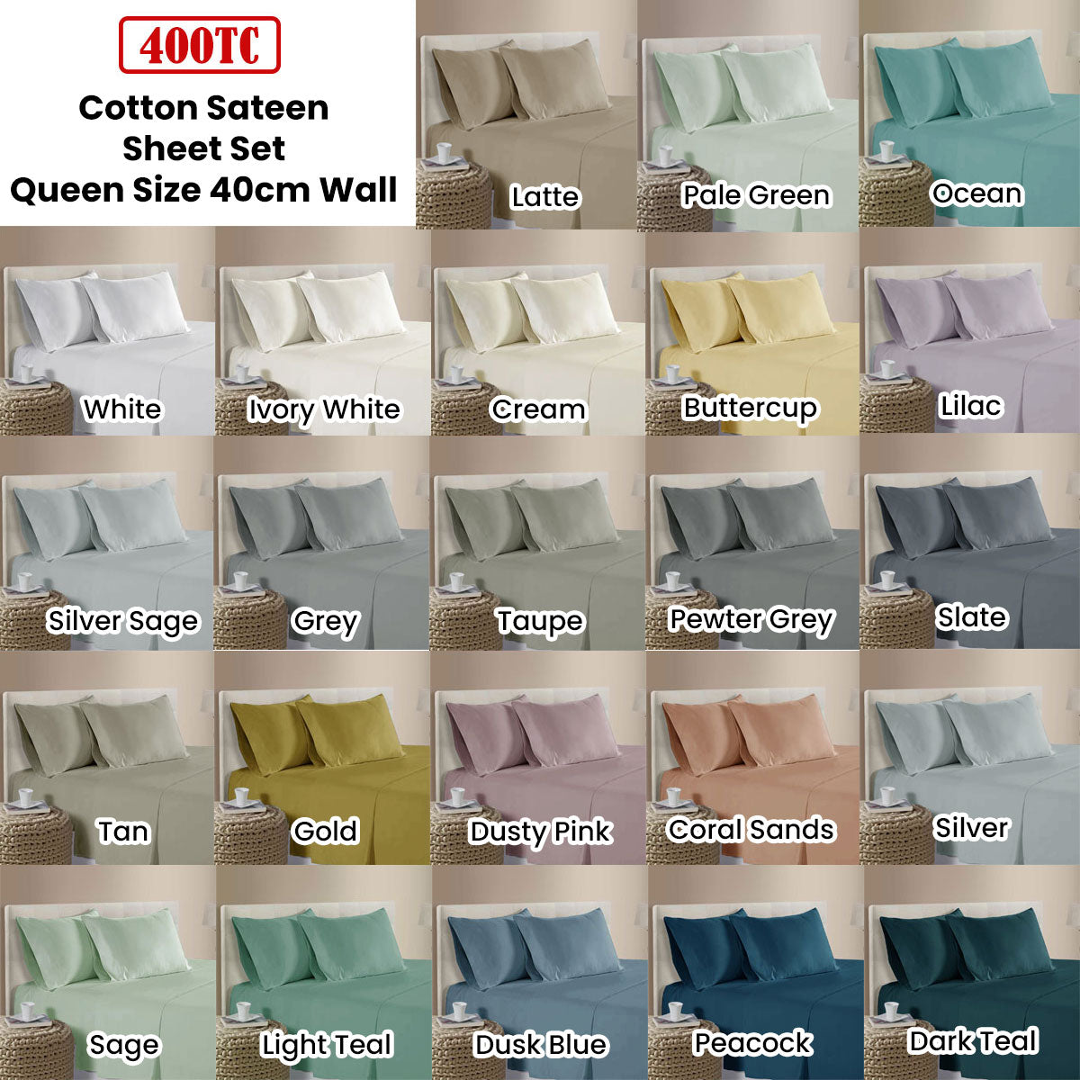 400TC 100% Cotton Sateen Premium Sheet Set 40cm Wall Tan Queen - Image 2