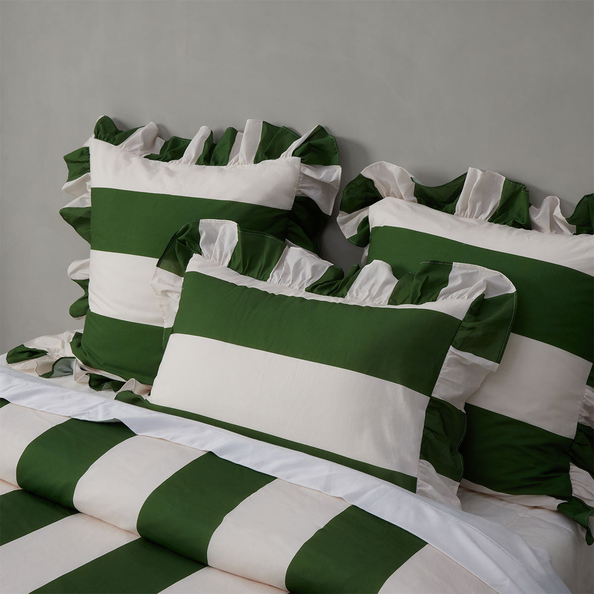 Vintage Design Homewares Candy Ruffle Green Striped Washed Cotton Quilt Cover Set King - Image 3