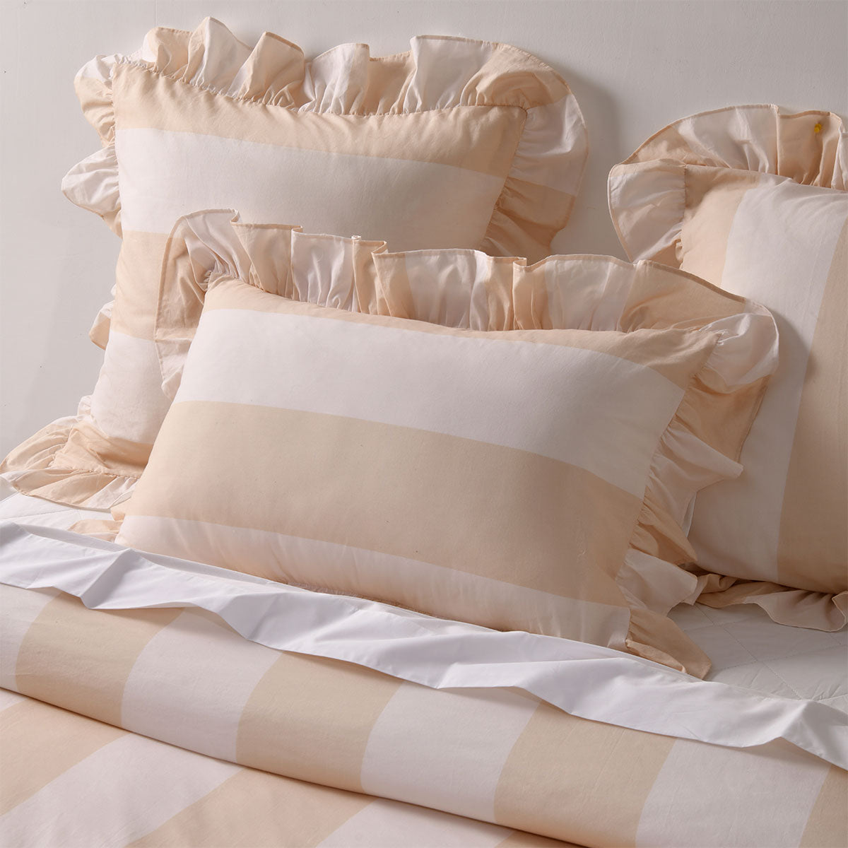 Vintage Design Homewares Candy Ruffle Natural Striped Washed Cotton Quilt Cover SetKing - Image 3