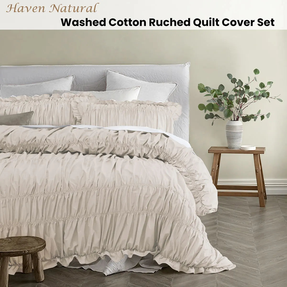 Vintage Design Homewares Haven Natural Washed Cotton Ruched Quilt Cover Set Single - Image 2