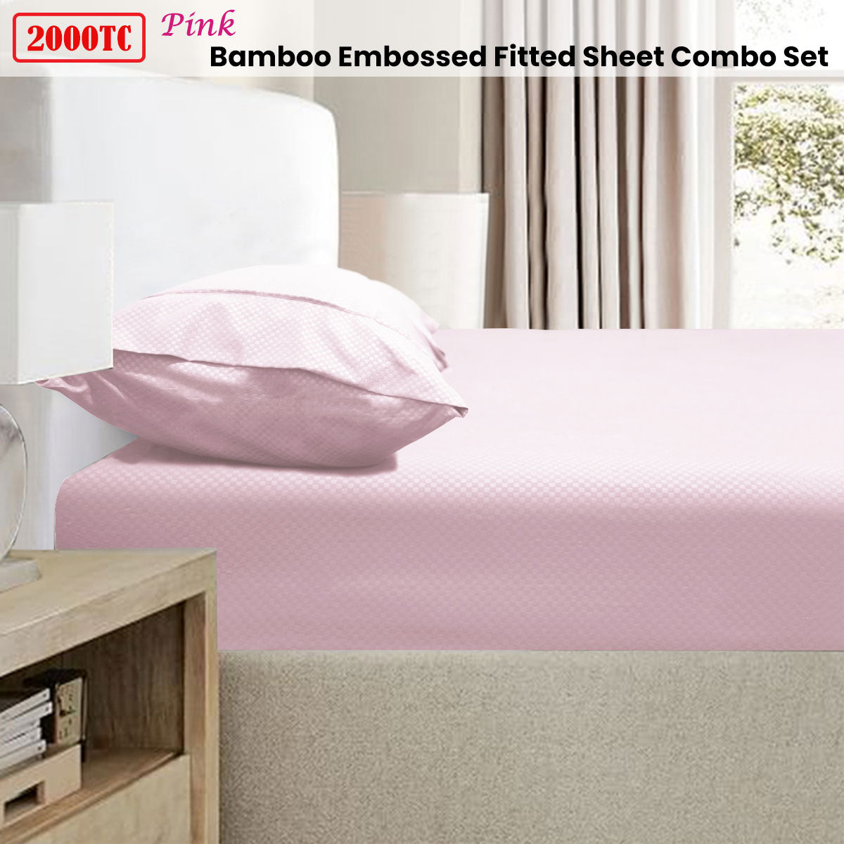 Ramesses 2000TC Bamboo Embossed Fitted Sheet Combo Set Pink Queen - Image 2