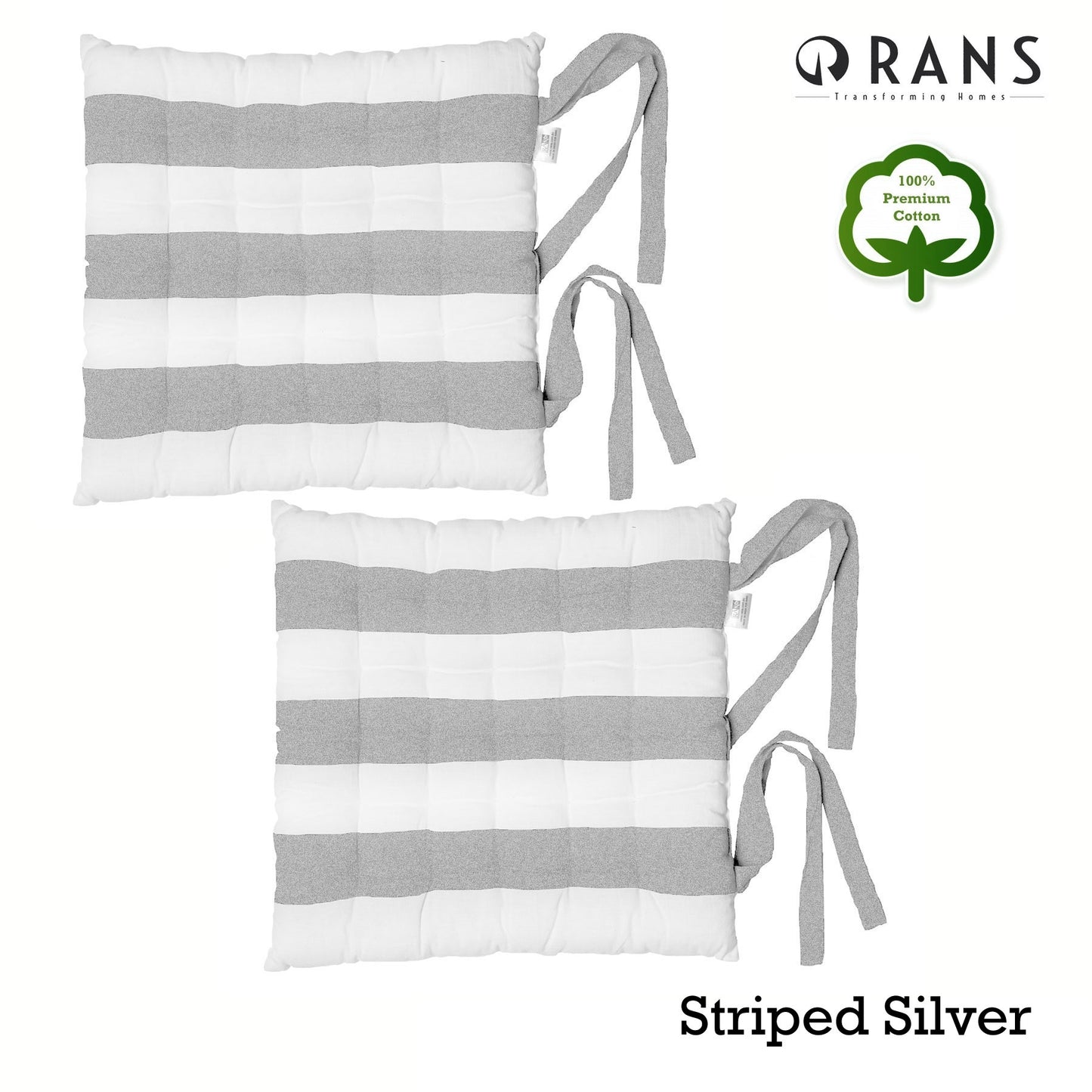 Rans Set of 2 Alfresco Cotton Chair Pads 40x40 cm - Striped Silver - Image 2
