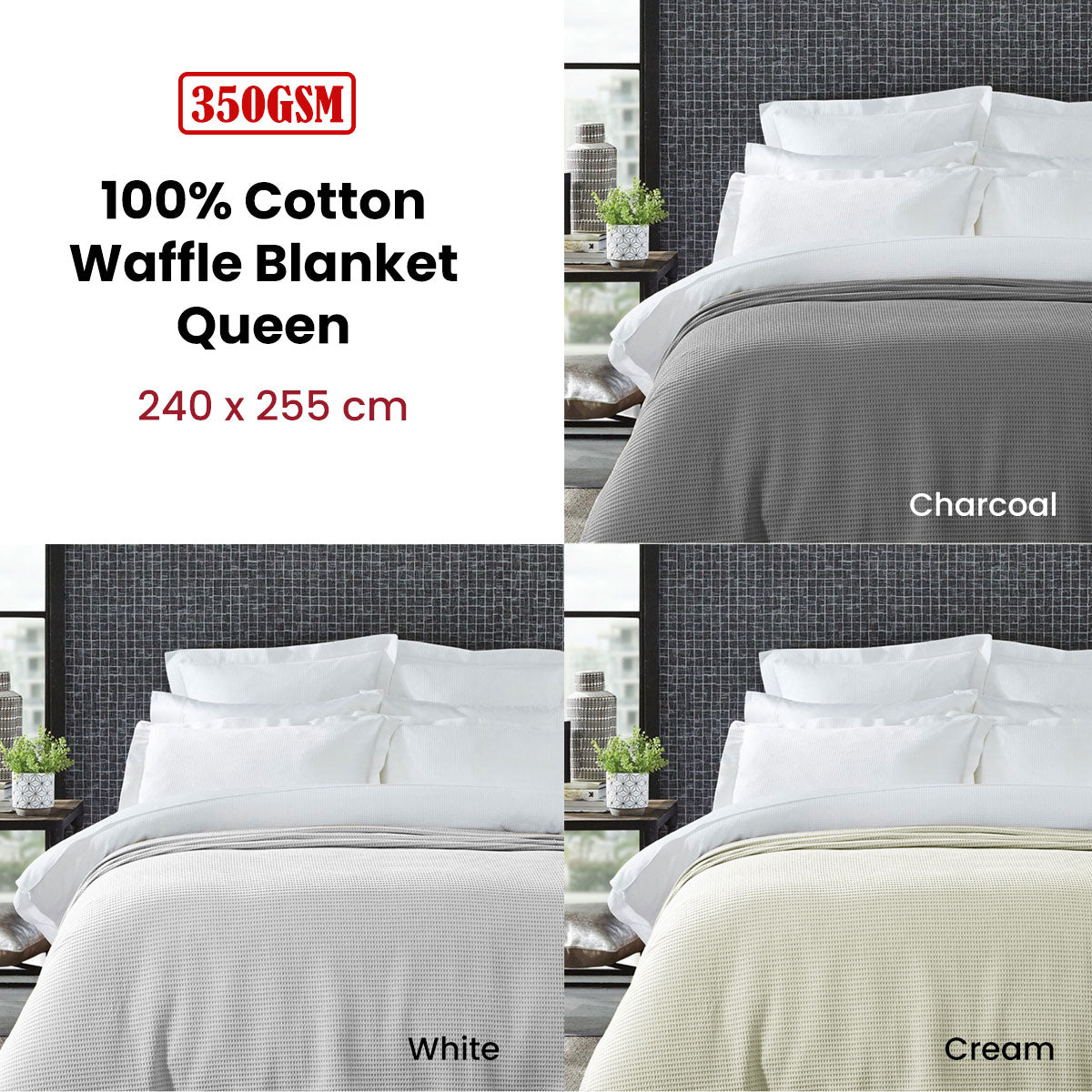 Living @ Home 350gsm 100% Cotton Breathable Waffle Blanket Queen 240 x 255 cm Cream - Image 2