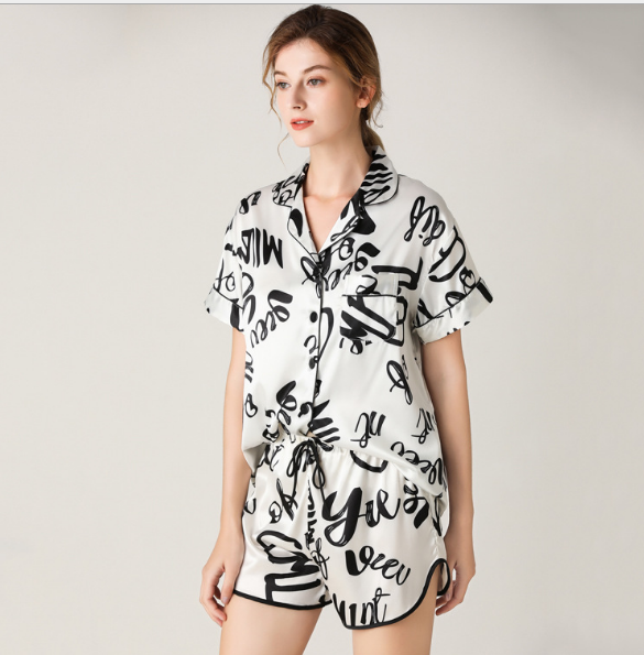 Woman Sleepwear Home Wear Short Sleeve Sweet Girl White Text Casual Pajamas (M Size) - Image 4