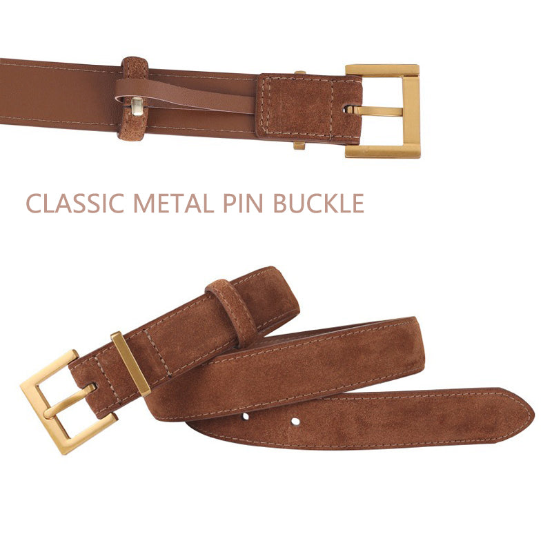Women's Genuine Suede Leather Belt Classic Pin Buckle Cowhide Belts (Caramel) - Image 6