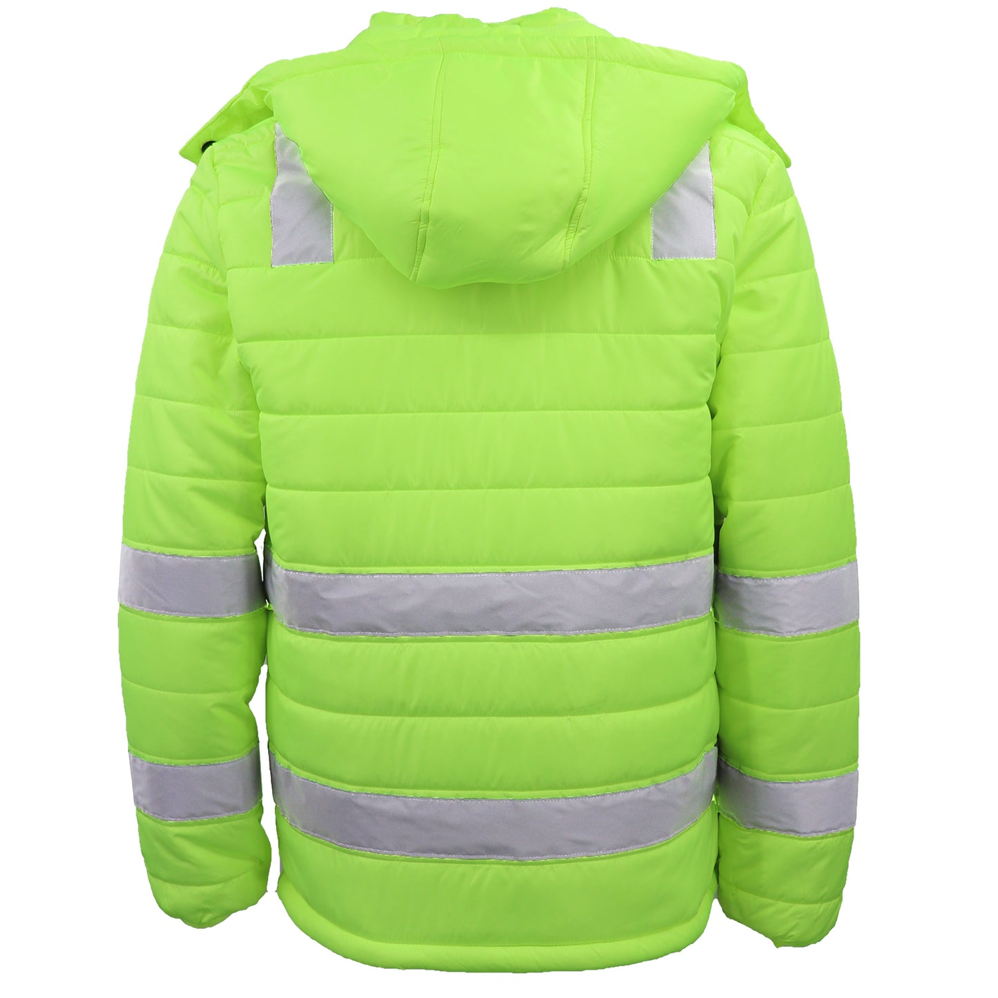 HI VIS Puffer Safety Jacket Reflective Tape Removable Hood Zip Pocket Puffy Coat, Fluro Yellow, 5XL - Image 2