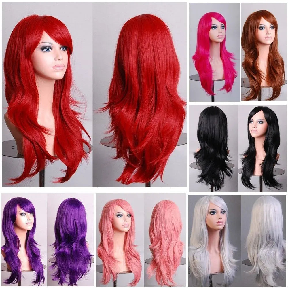 70cm Wavy Curly Sleek Full Hair Lady Wigs w Side Bangs Cosplay Costume Womens, Hot Pink - Image 2
