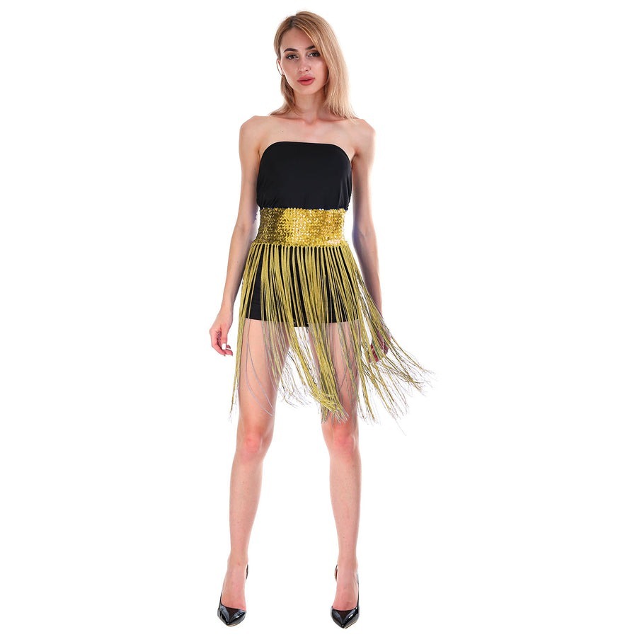 Sequin Belt w/Fringe Skirt Belly Dance Dancer Costume Party - Gold/Yellow - Image 3