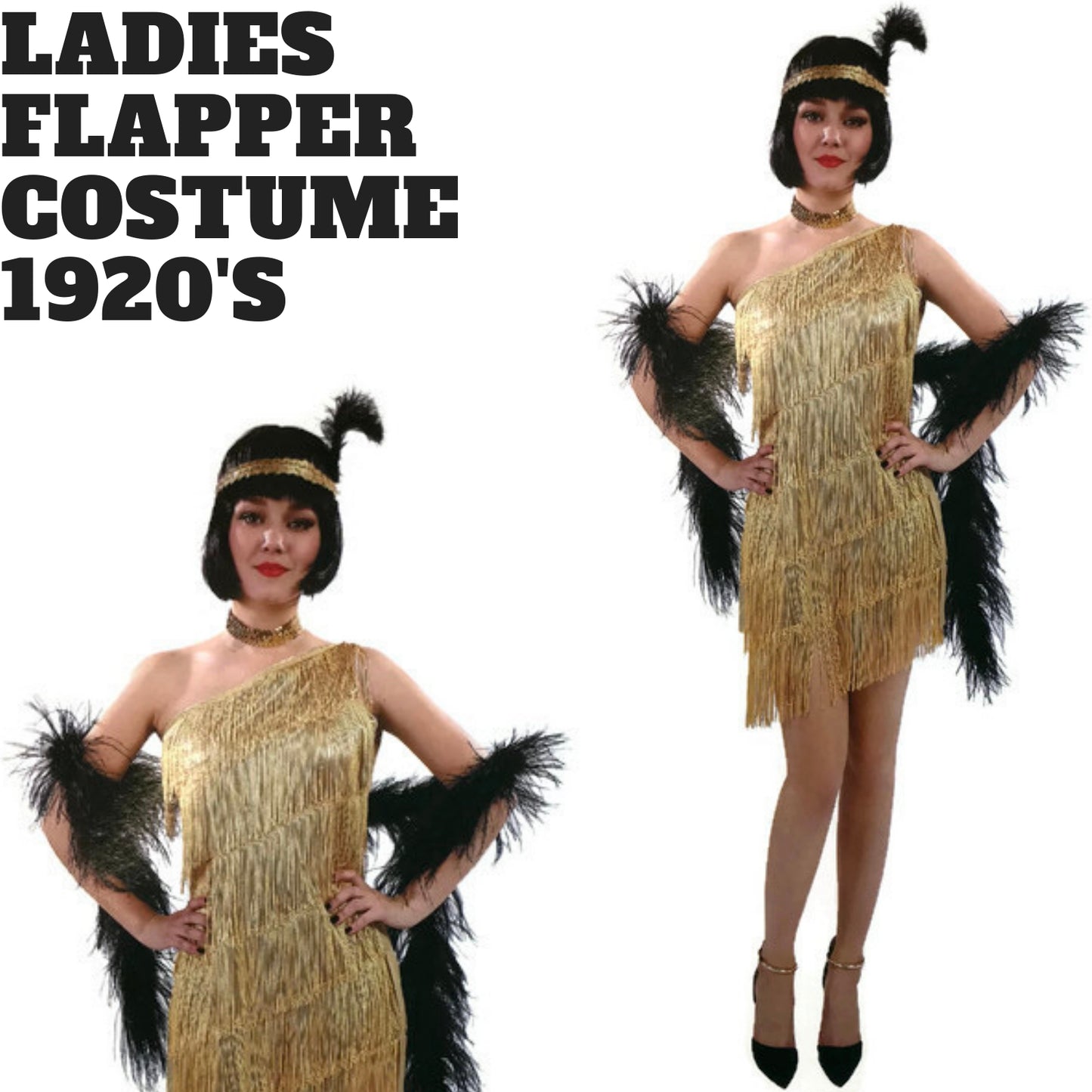 Ladies Flapper Costume Charleston Gatsby Chicago Fancy Dress Party 1920s 20s - Gold - Image 3