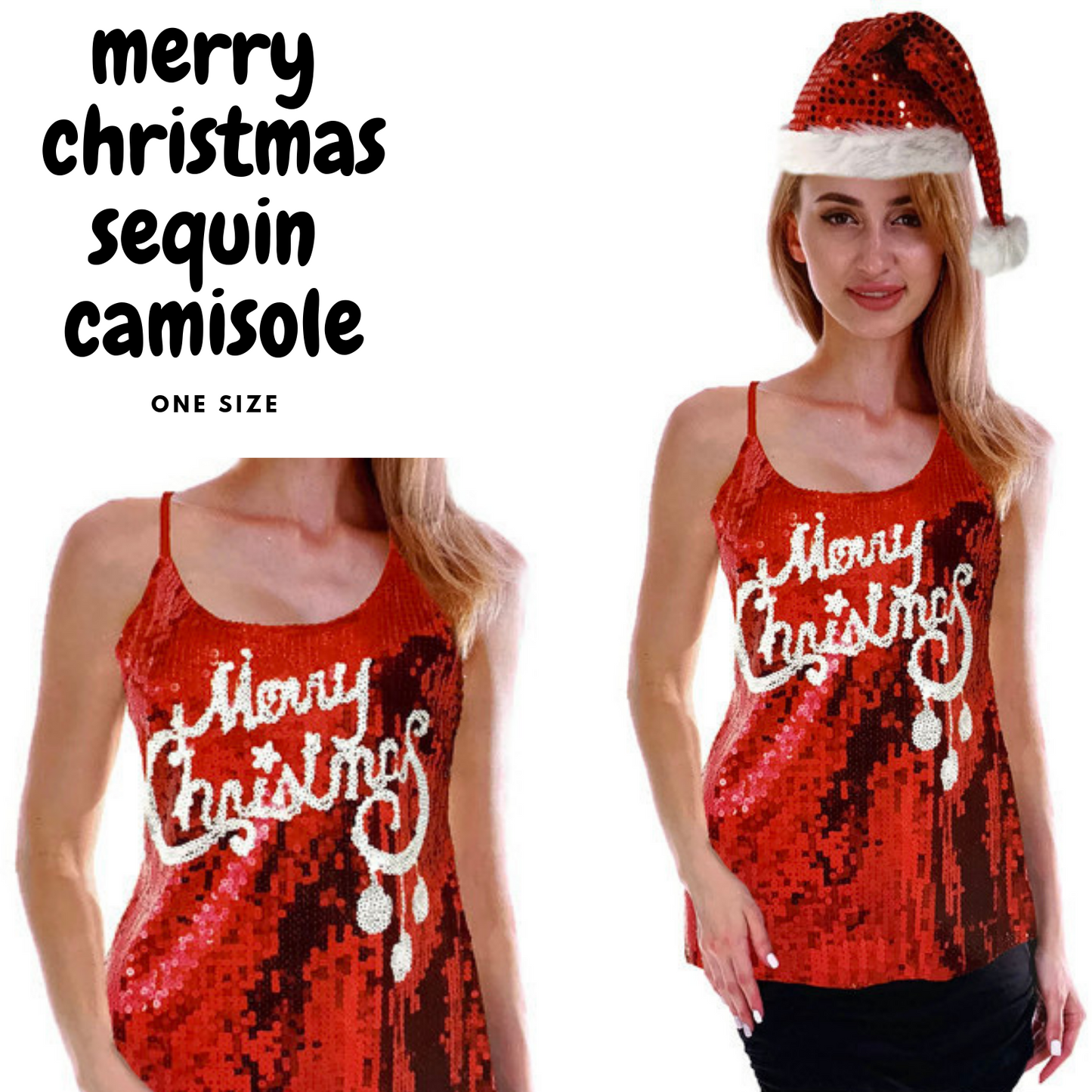 Womens Merry Christmas Sequin Singlet Camisole Cami Costume Party Xmas - Image 4