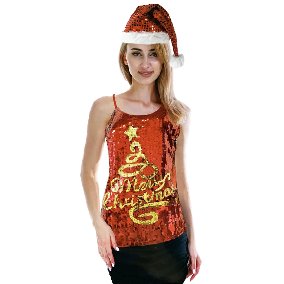 Womens Merry Christmas Tree Sequin Singlet Camisole Cami Costume Xmas Party - Image 3