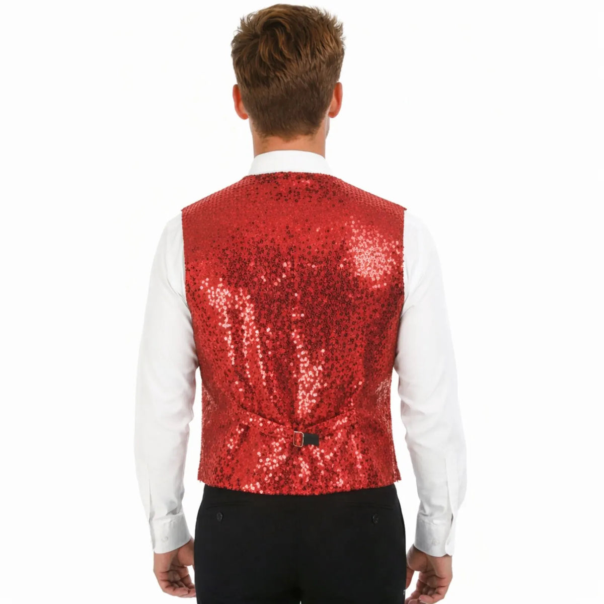 Mens Sequin Vest Waistcoat Disco Sparkle Costume Dance Party One Size - Red - Image 3