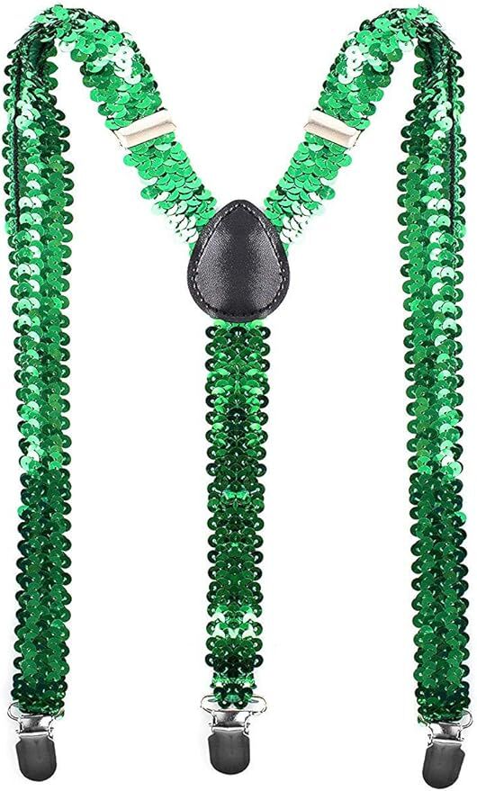 SEQUIN SUSPENDERS Unisex Adjustable Braces Clip On Elastic Y-Back - Green - Image 2