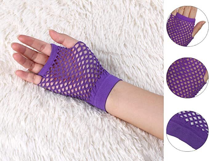 24 Pair Fishnet Gloves Fingerless Wrist Length 70s 80s Costume Party - Purple - Image 5