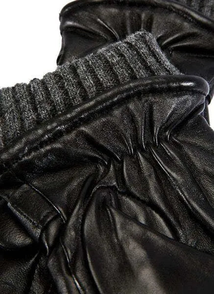 Mens Wool Blend Lined Touchscreen Leather Gloves in Black - Image 7