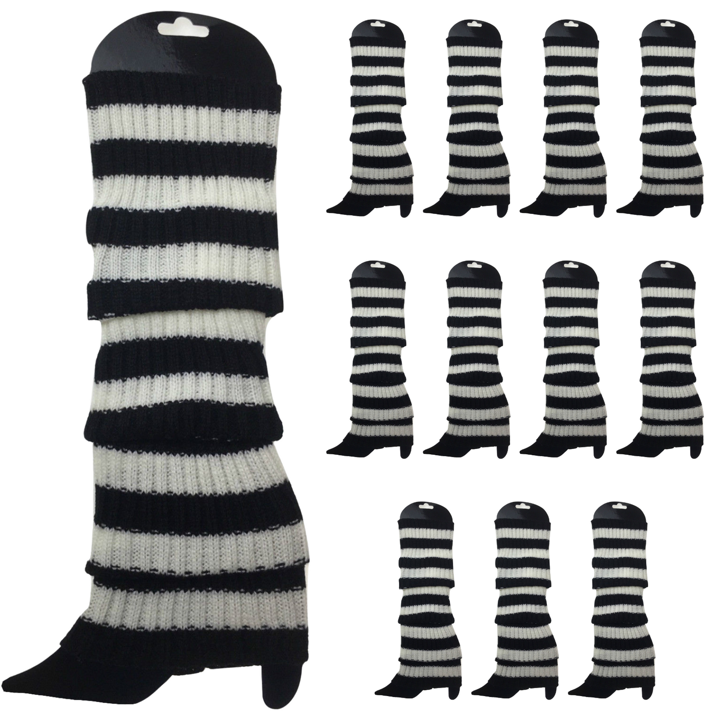12x LEG WARMERS Knitted Womens Costume Neon Dance Party Knit 80s BULK - Black/White Stripe - Image 2