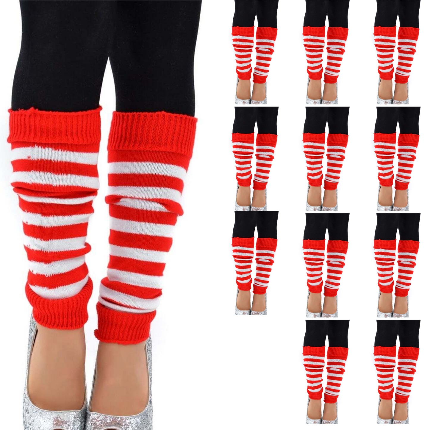 12x LEG WARMERS Knitted Womens Costume Neon Dance Party Knit 80s BULK - Red/White Stripe - Image 2