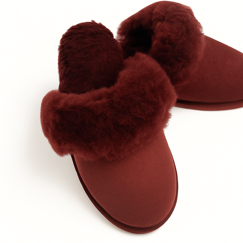 Sheepskin Wool Womens Slippers Scuffs Slip On Winter Ugg Slippers in Burgundy/Red - 7 - Image 4