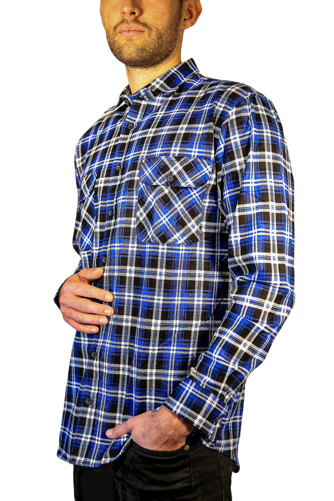 Mens 100% Cotton Flannelette Shirt Long Sleeve Check Authentic Flannel - Denim - 9XL - Image 6