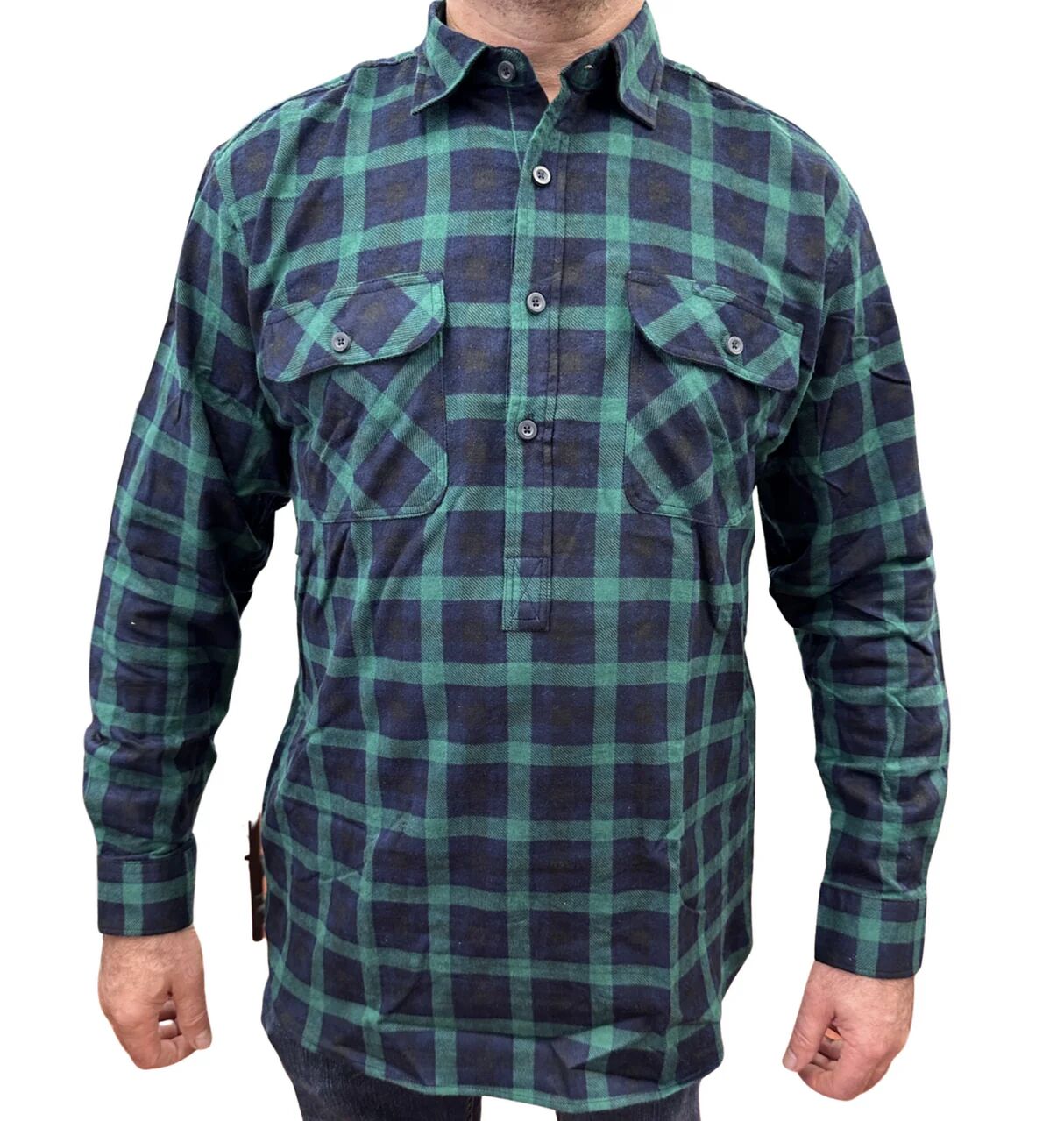 Mens Flannelette Long Sleeve Pullover Shirt 100% Cotton Flannel - Half Placket - Green/Navy - XL - Image 5