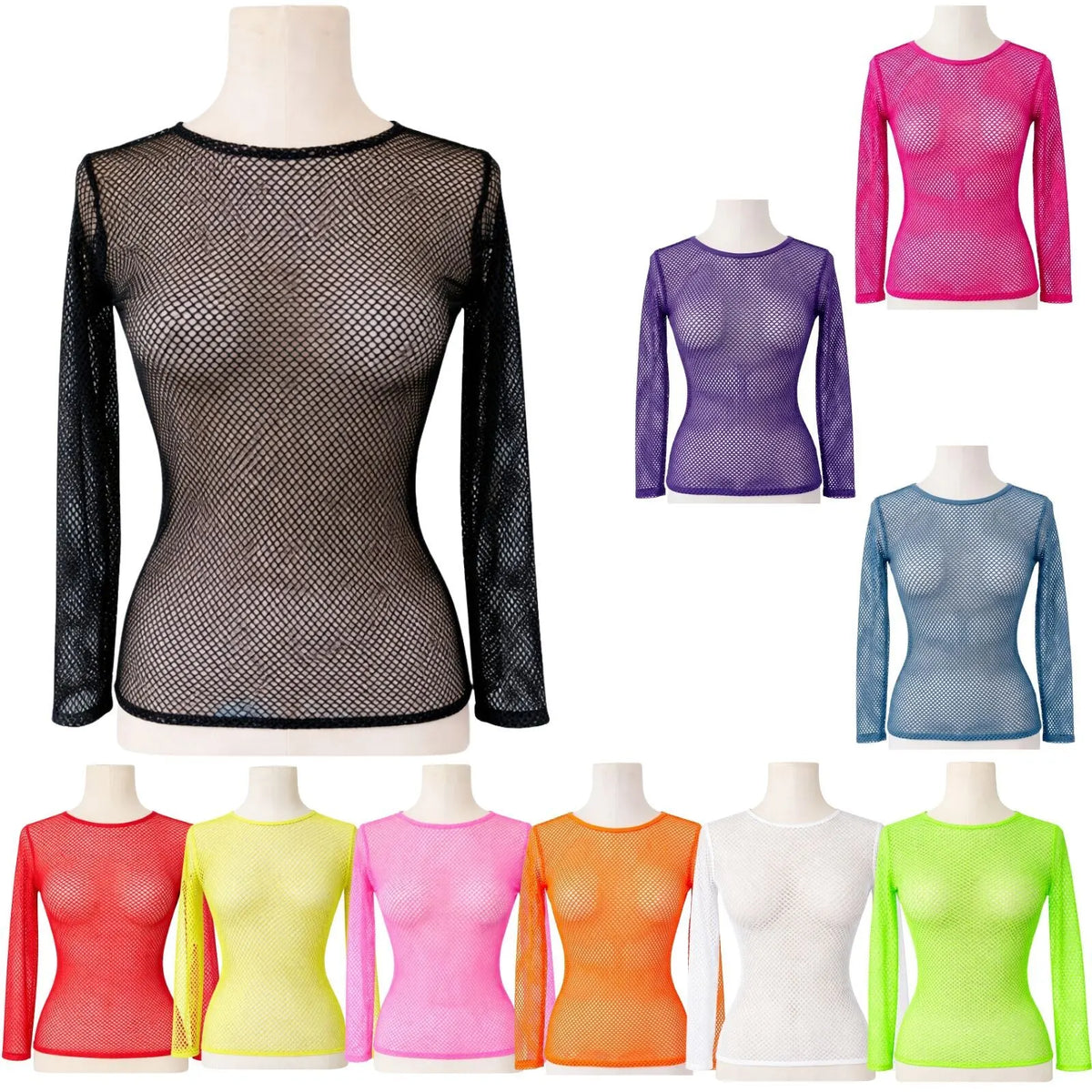 3x Womens Fishnet Mesh Tops Long Sleeve Sheer Stretch Costume - Assorted Pack - Image 2
